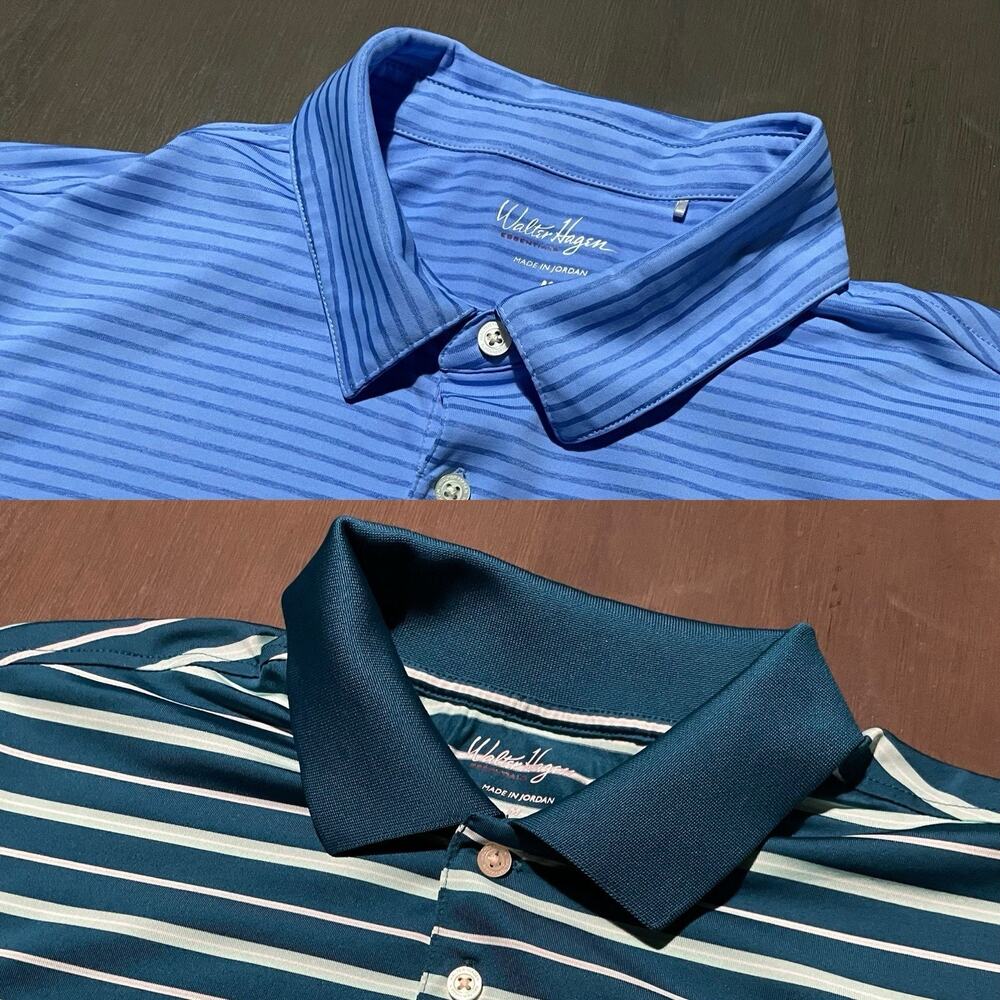 2 Walter Hagen Mens Size Medium Golf Polo Shirts Athletic Stripes Teal Blue
